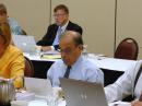 ARRL Chief Development Officer Mary Hobart, K1MMH (left) apprises the Board of the progress of the Second Century Campaign Committee. On Hobart's right are ARRL Chief Operating Officer Harold Kramer, WJ1B, and ARRL Chief Financial Officer Barry Shelley, N1VXY. Southwestern Division Vice Director Marty Woll, N6VI, and West Gulf Division Vice Director John Robert Stratton, N5AUS, are seated behind Hobart. [Steve Ford, WB8IMY, Photo]